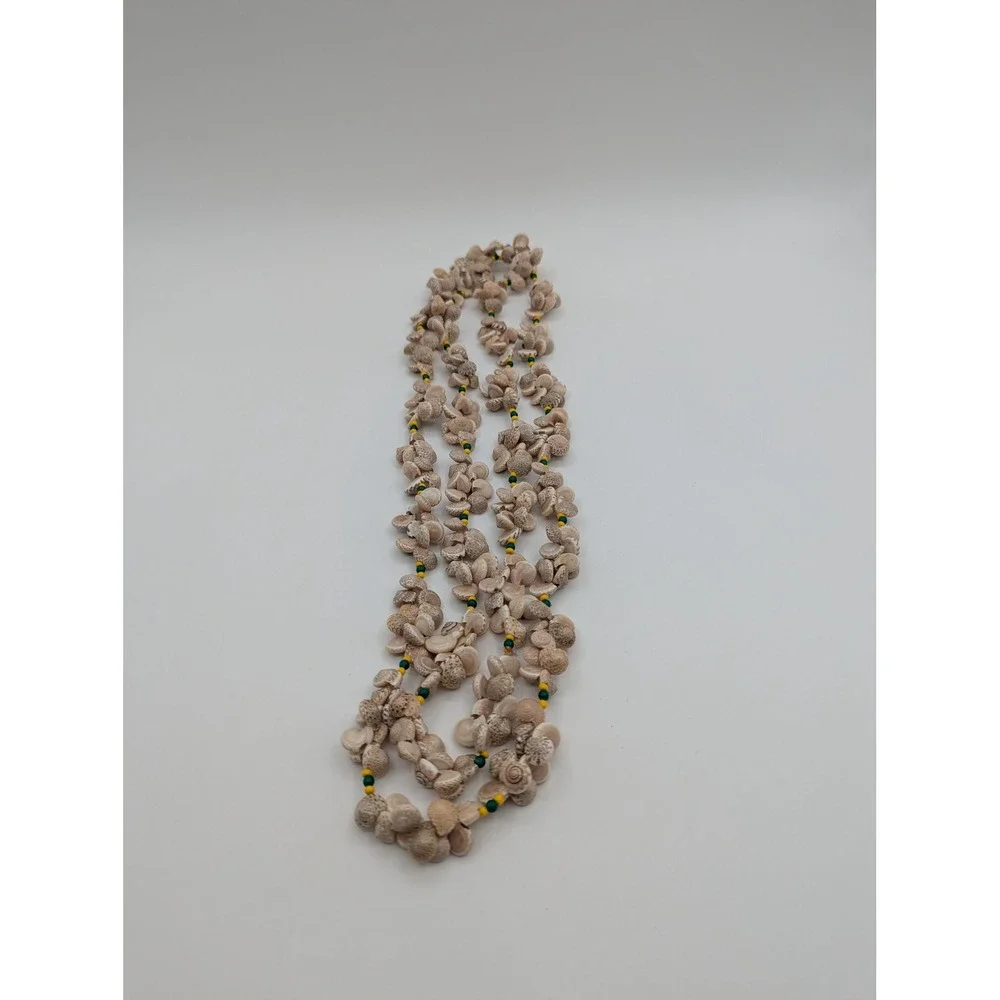 Vintage‎ Long Shell Lei Necklace Green Yellow Seed Beads Boho Coastal 60 Inch